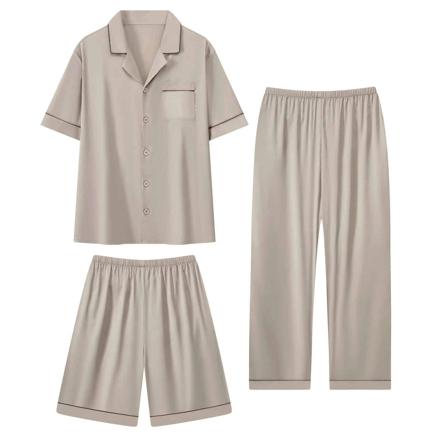 Long Pants+Short Sleeve Tops+Shorts 3Pcs/set Men Pajamas Set Silk Imitation Satin Nightwear Summer Pyjamas Male Luxury Sleepwear