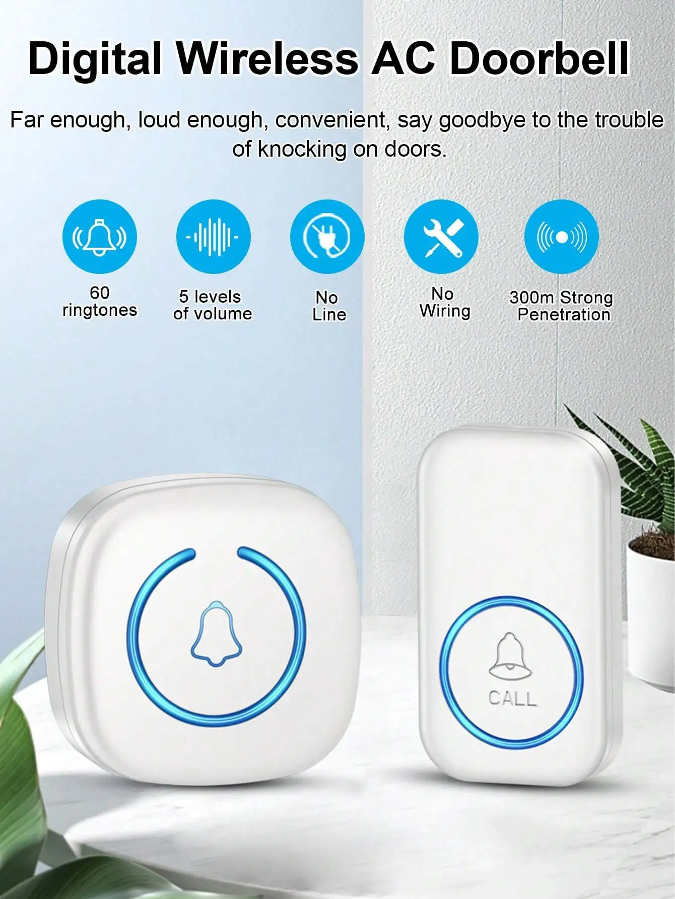 Smart Wireless Doorbell  Kit With 985ft , 60 Melodies, 5 Volume Levels, Compact & Portable Doorbell camera wireless Timbre