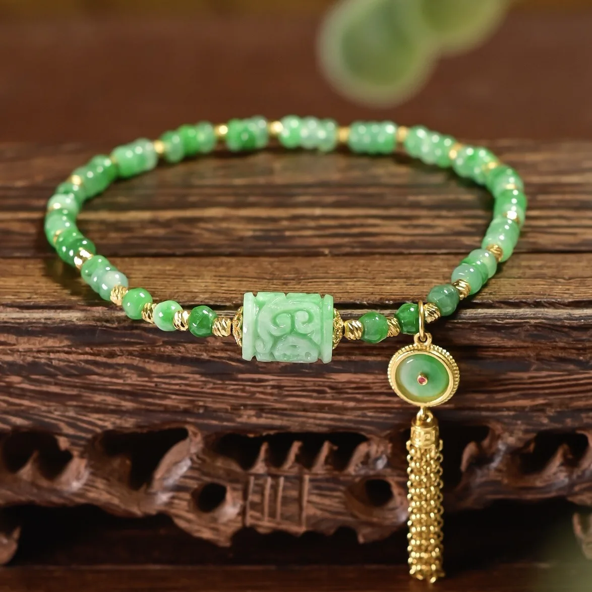 Natural A Grade Fruit Green Carved Jade Bracelet S925 Silver Gold Plated Safety Button Tassel Chinese Women Jewelry