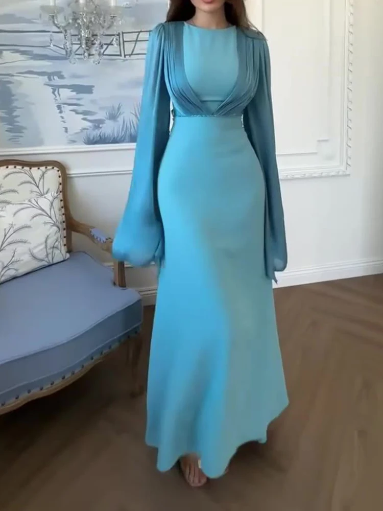 우아한 레이스업 허리 솔리드 새틴 이브닝 드레스 여성 패션 스플라이싱 드레이프 롱 드레스 캐주얼 O넥 긴팔 파티 드레스