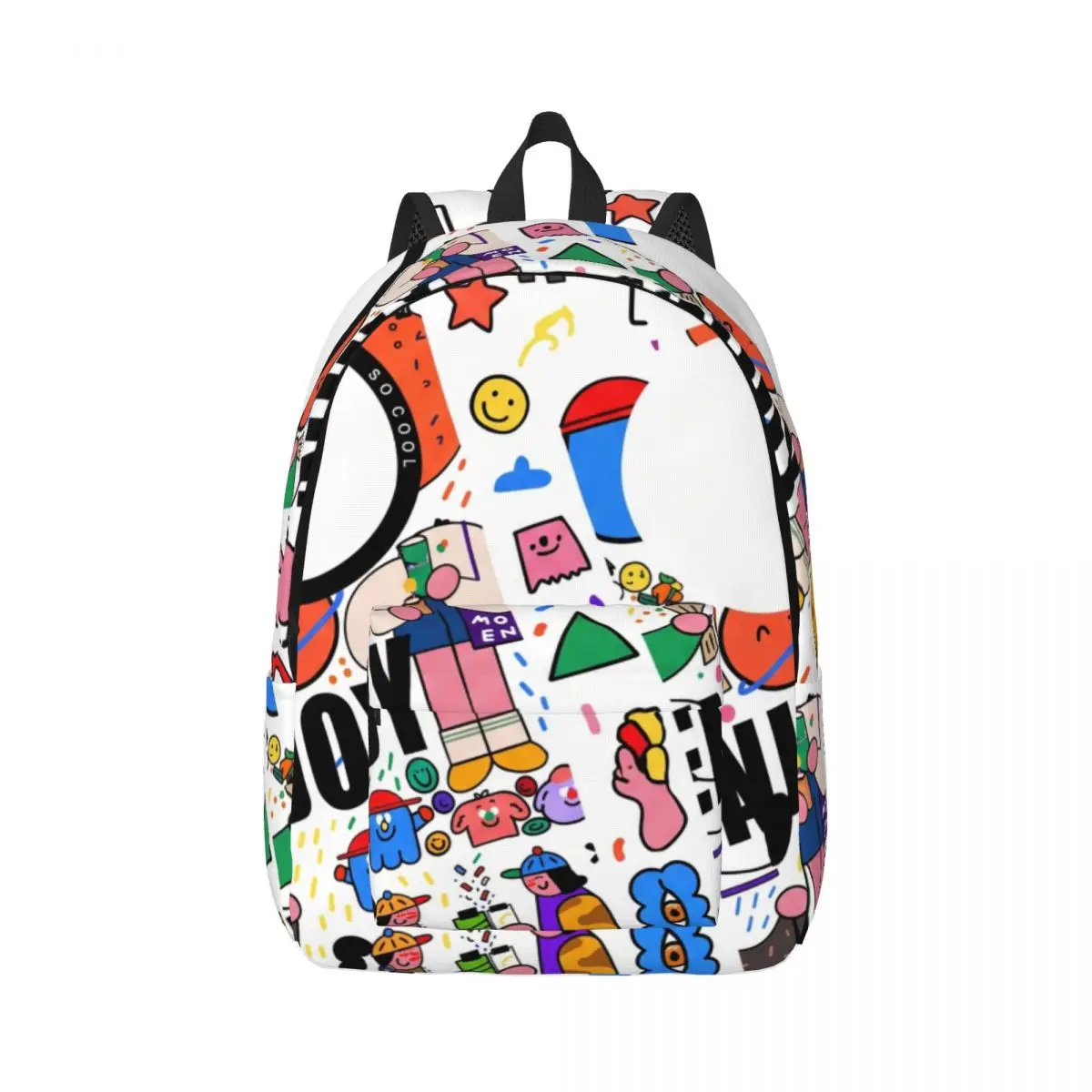 Aesthetic School Backpack Tossed Colorful Characters Vibrant Artistic White Multicolor Large Capacity Daypack for Girls Boys Men