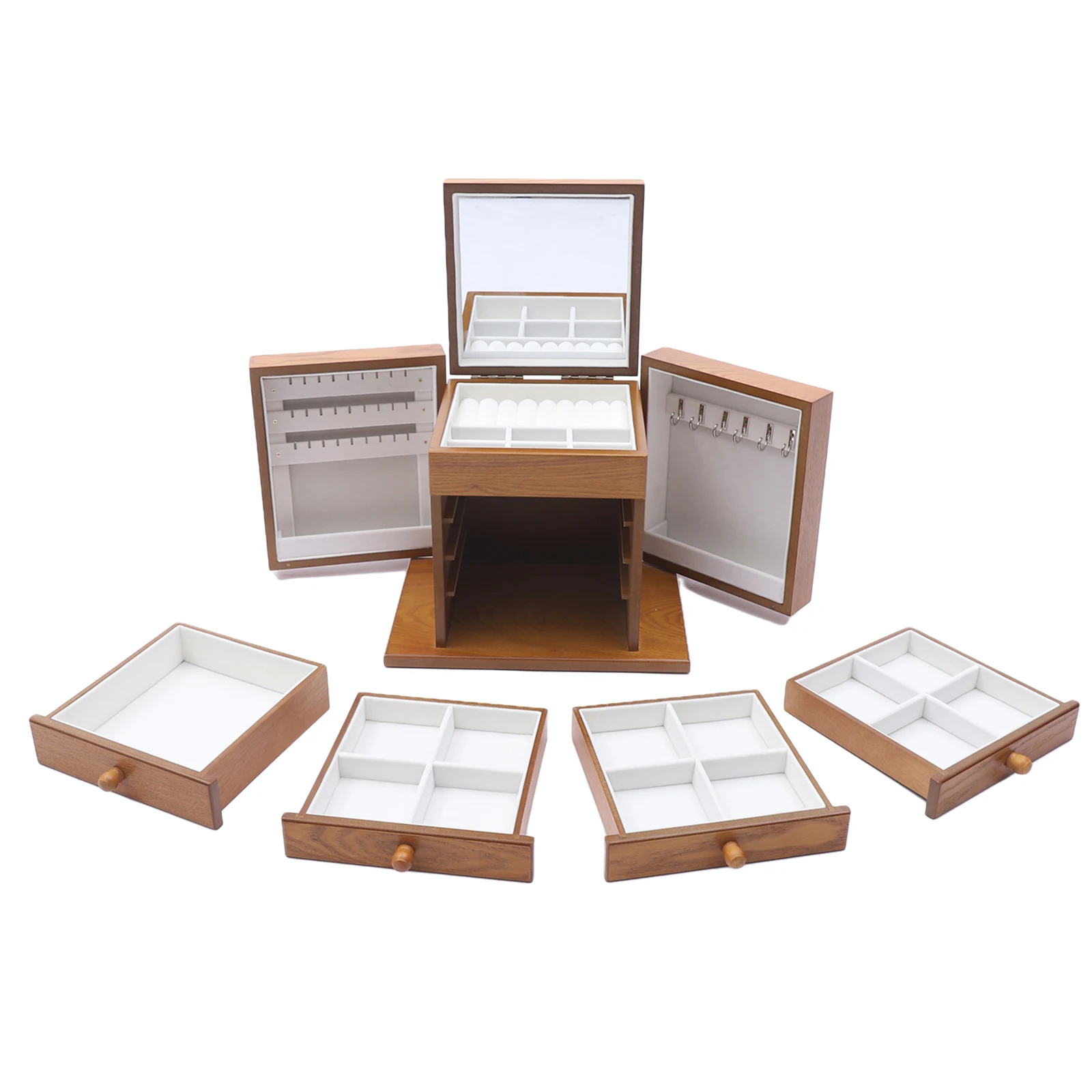 5-level Jewelry Rack, in MDF, Large Container 11.81*7.87*9.84", W/ Mirror& 4 Drawers for Storing Rings, Earrings, Watches