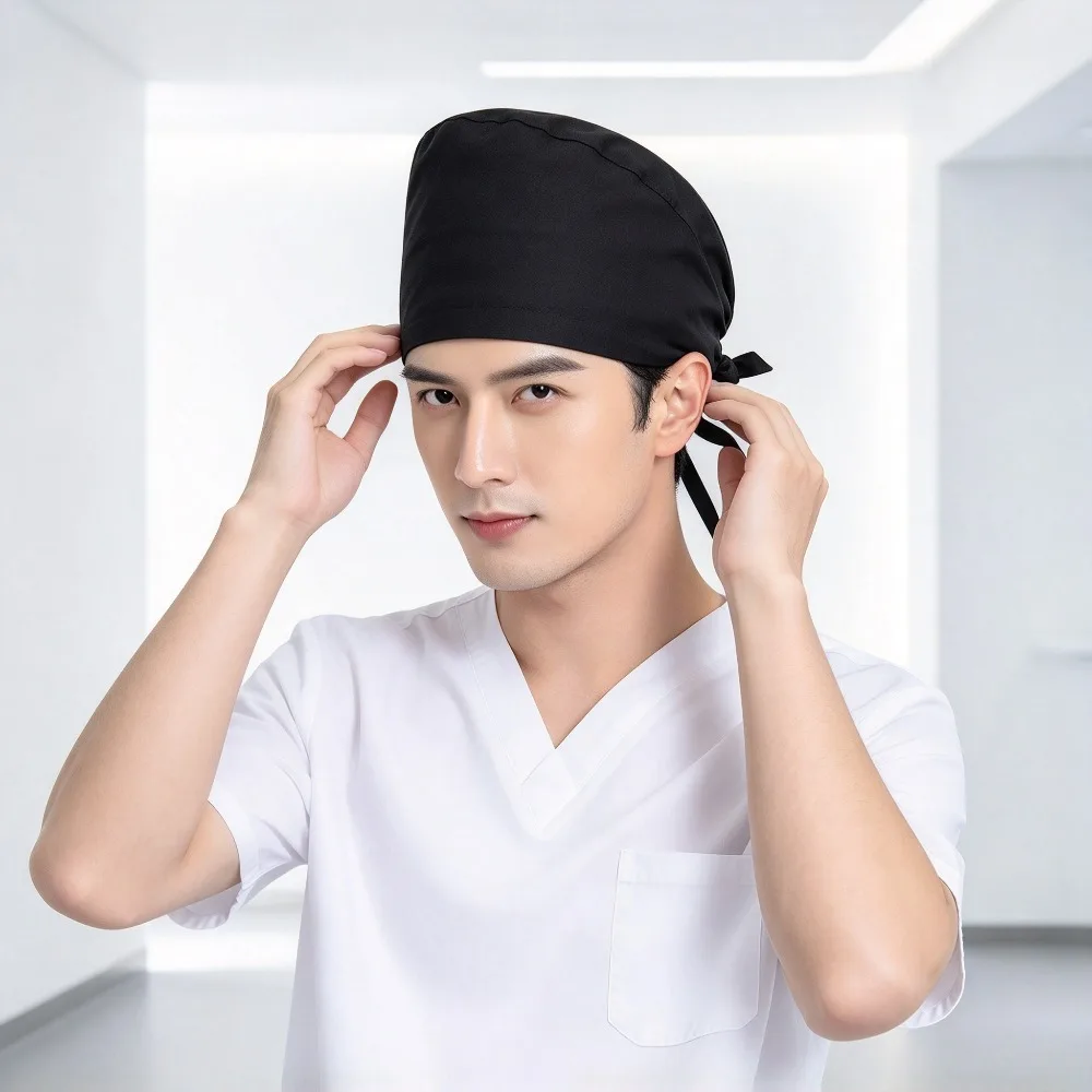 Unisex Solid Scrub Cap with Tie Back,Cotton Working Hat, Reusable Surgical Cap for Doctor Nurse Dentist Salon Skincare