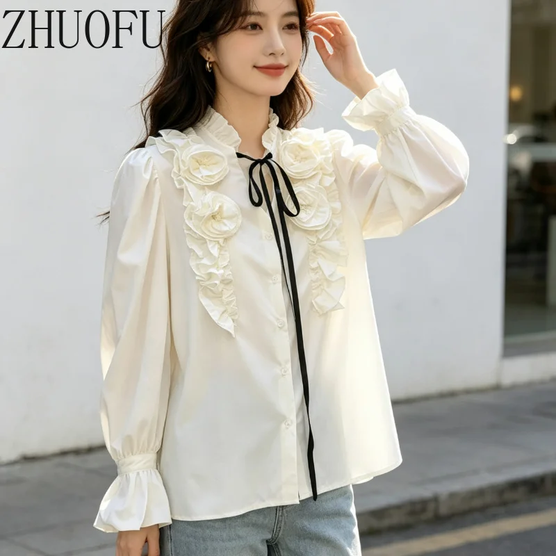 2026 Autumn White Loose Thin Ladies Shirts  French Design Pleated Three-dimensional Flower Lace-up Temperament Women's Shirt