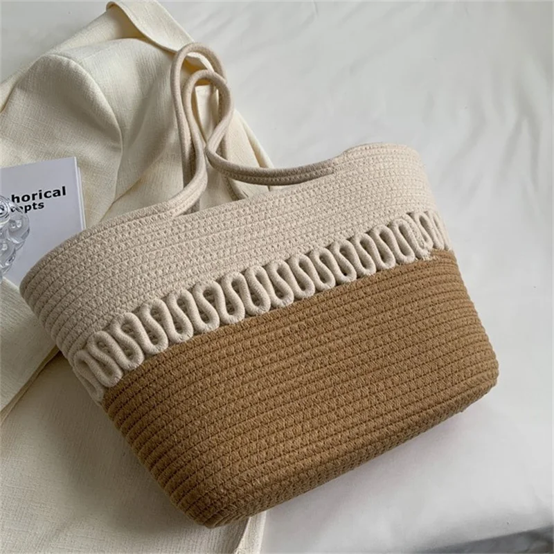 New Summer Women\'S Knitting Shoulder Bag Large Capacity Hollow Cotton Bag Casual Beach Vacation Handbags Eco Reusable Shopper