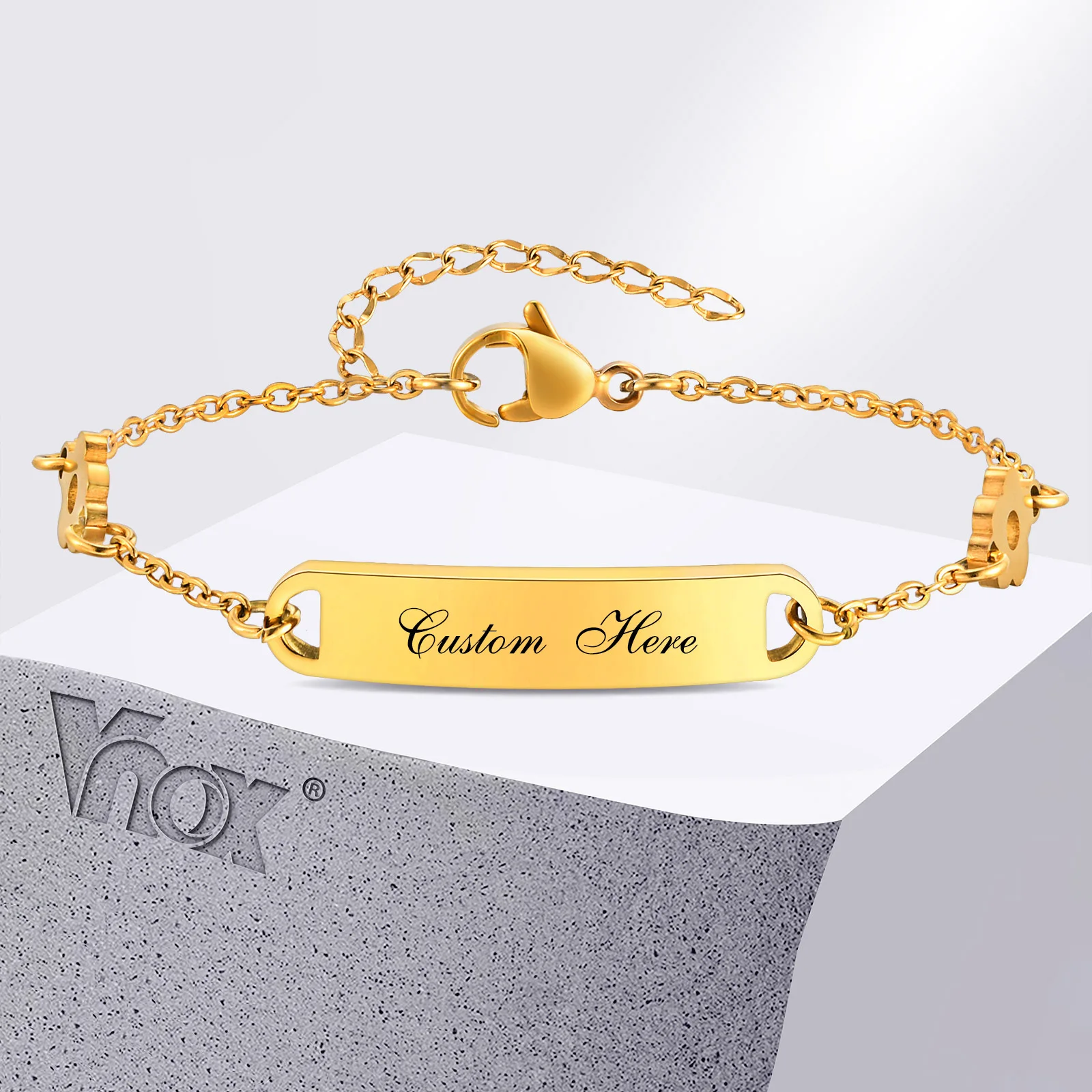 

Vnox Free Personalized Name Message ID Bracelets for Women Girls, Gold Color Stainless Steel Flower Charms Bracelets