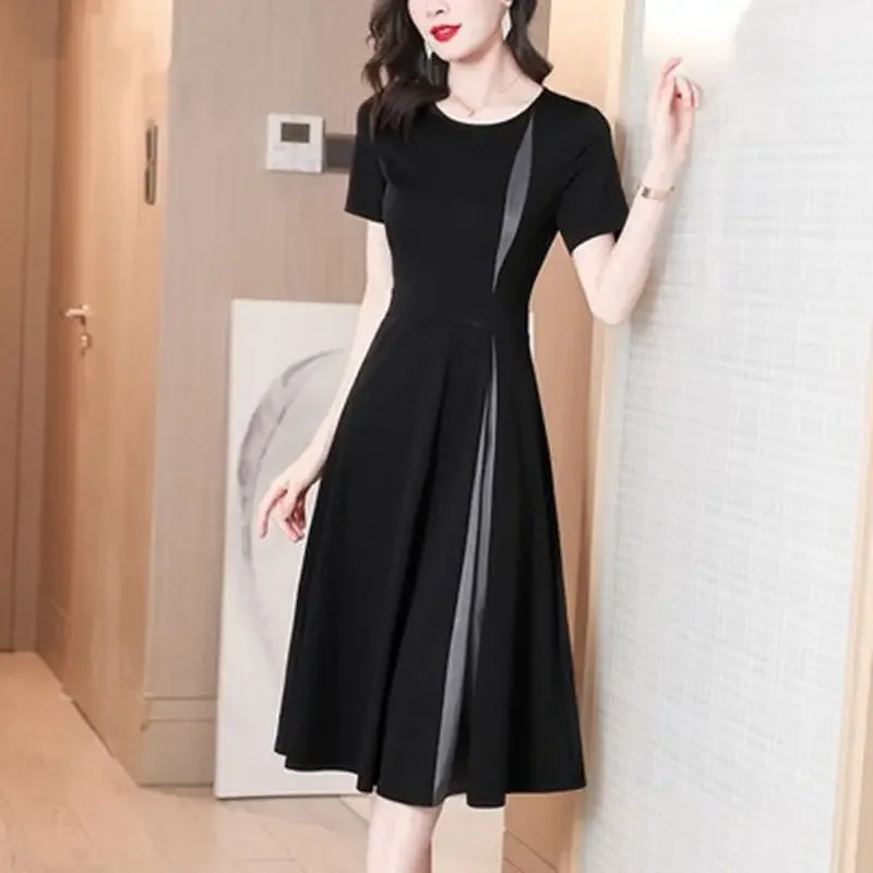 

Empire Patchwork Mid-Calf Pullover Women's Clothing O-Neck Office Lady Summer Dignified Dresses Woman New Korean Popularity P13