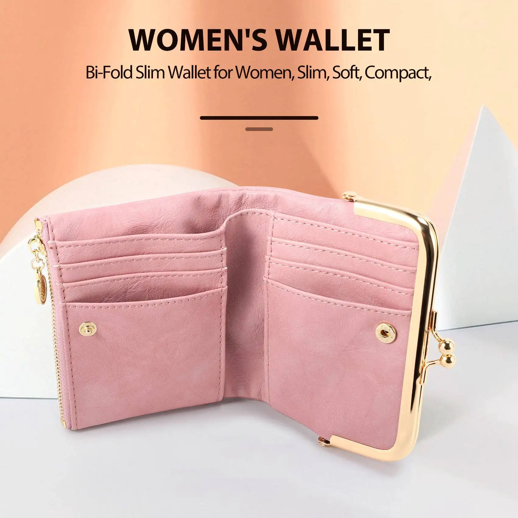 ABQR Women's Short Wallet Bifold Retro Multifunction Coin Purse with Zip and Kiss Lock Pink