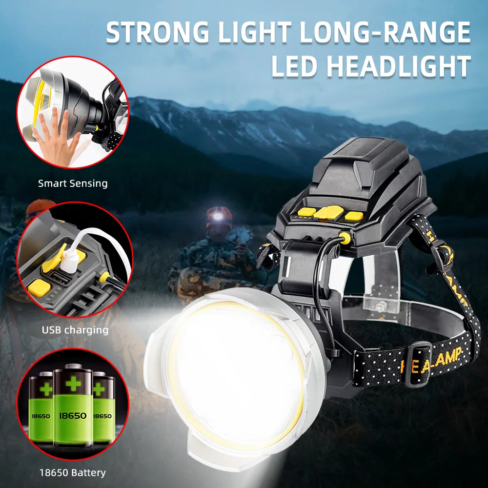 P50 500M Long Range LED Headlamp Strong Light Induction Headlight Outdoor Work Light Flashlight Head Torch for Camping Hiking