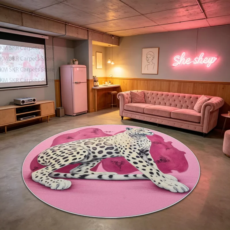 VIKAMA Luxury Pink Leopard Round Carpet Wild Animal Pattern Non Slip Washable Floor Mat For Girl Bedroom Beauty Room