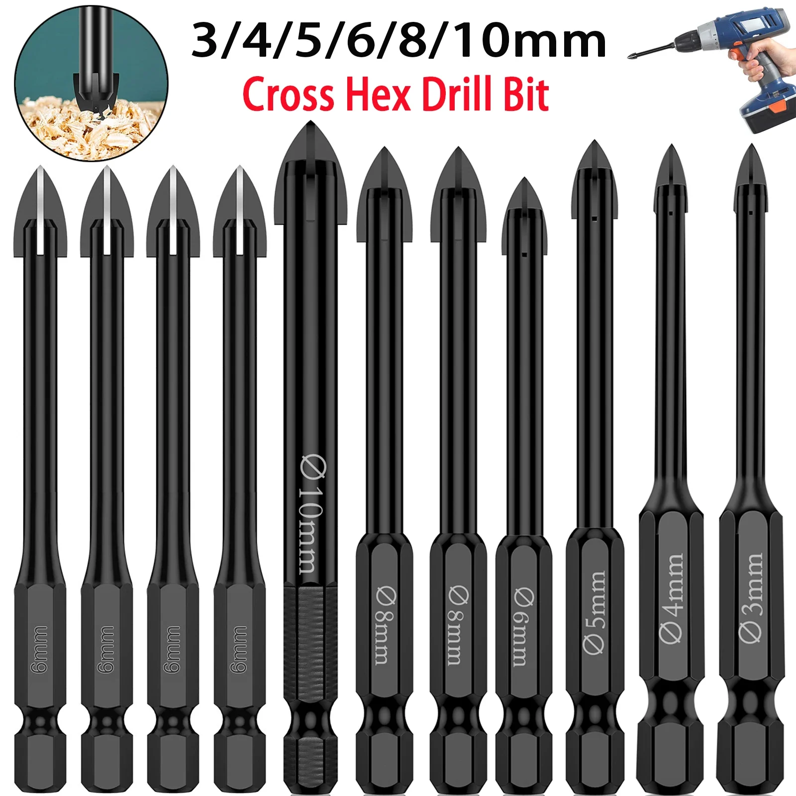 

10Pcs Cross Hex Drill Bit Set For Concrete Porcelain Tile Glass Metal Multifunction Drill Bits Kit Tools Tungsten Carbide Drills