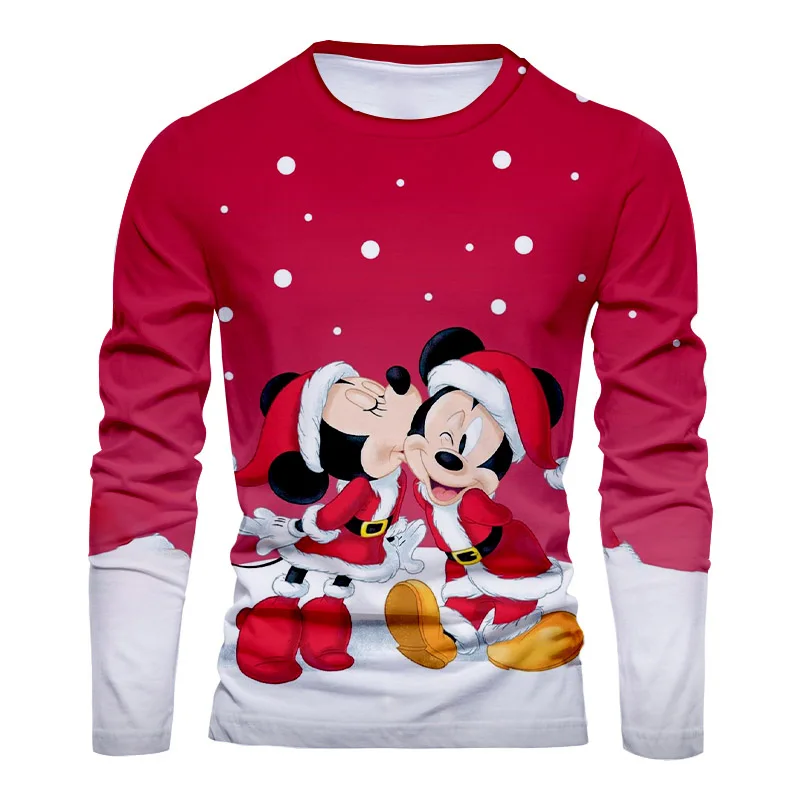 New Christmas New Disney Brand Mickey and Minnie Anime 3D Printing Fashion Casual Trend Men\'s Round Neck Long Sleeve T-Shirt