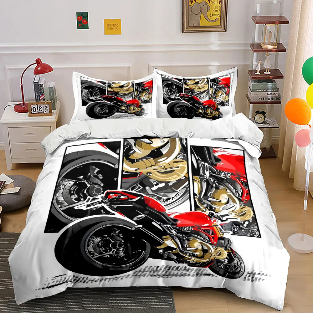 Red sports motorcycle with mechanical details Bedding Set for Kids Luxury Gift 3pcs Digital Print Comforter Set Soft Breathable