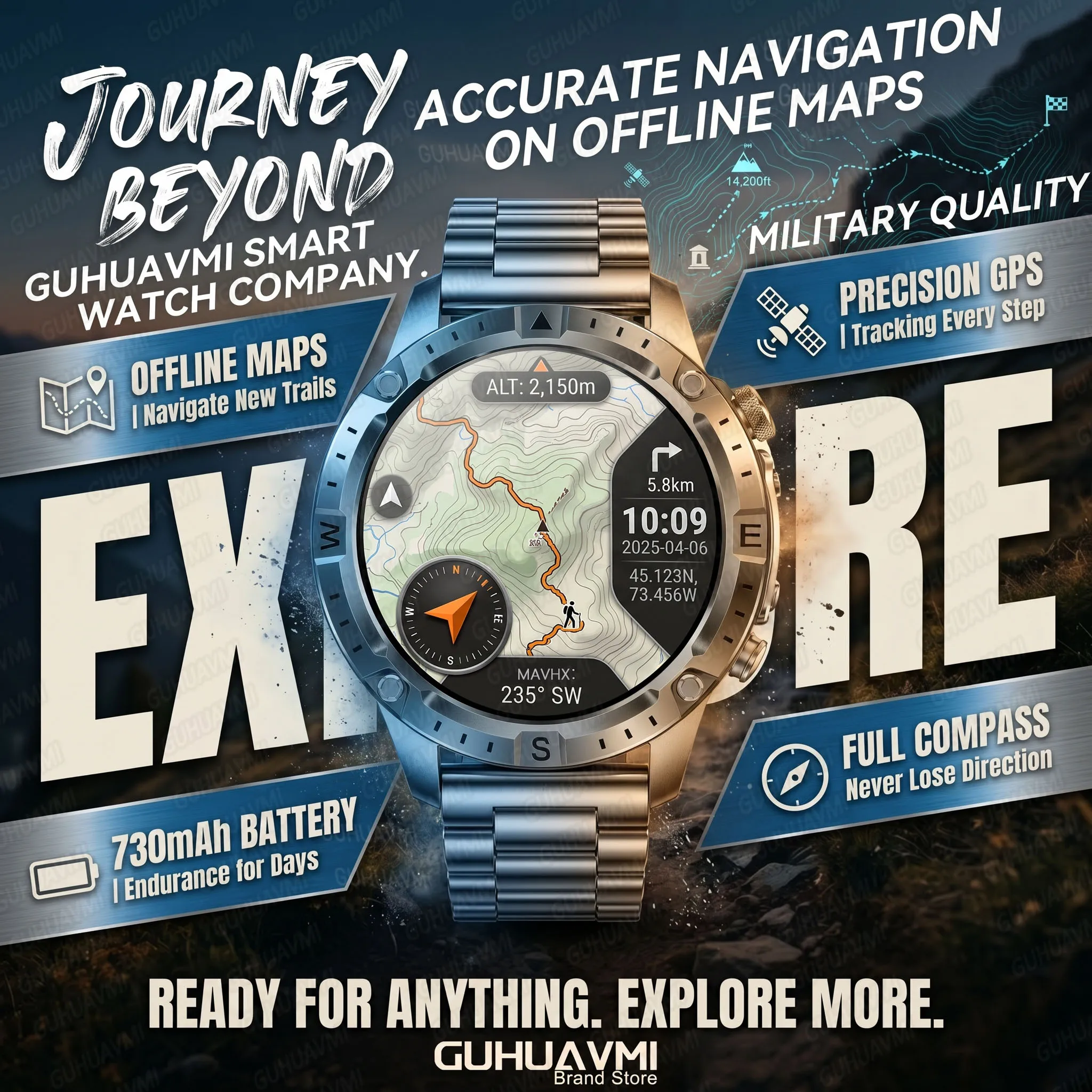 Smart Watch for Men GPS Offline Maps Local Music 1.43 AMOLED Fitness Tracker 170 Sports Modes 3ATM Waterproof Compass Barometer