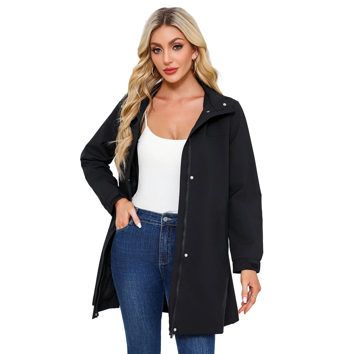 Spring And Autumn Removable Cap Anti-splashing Windbreaker Women's Solid Color Long Sleeve Thin Jacket