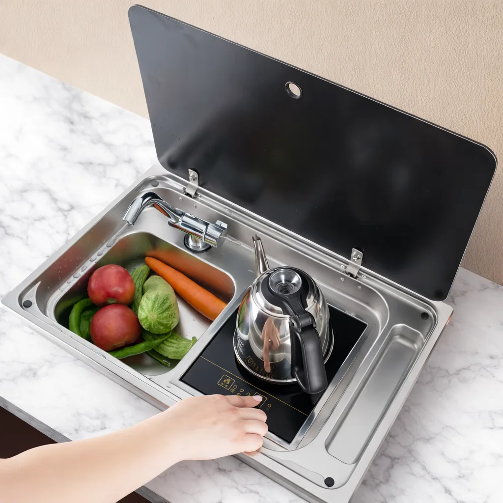 RV Caravan Sink With Induction Cooker - Stainless Steel Integrated Kitchen Unit With Glass Lid
