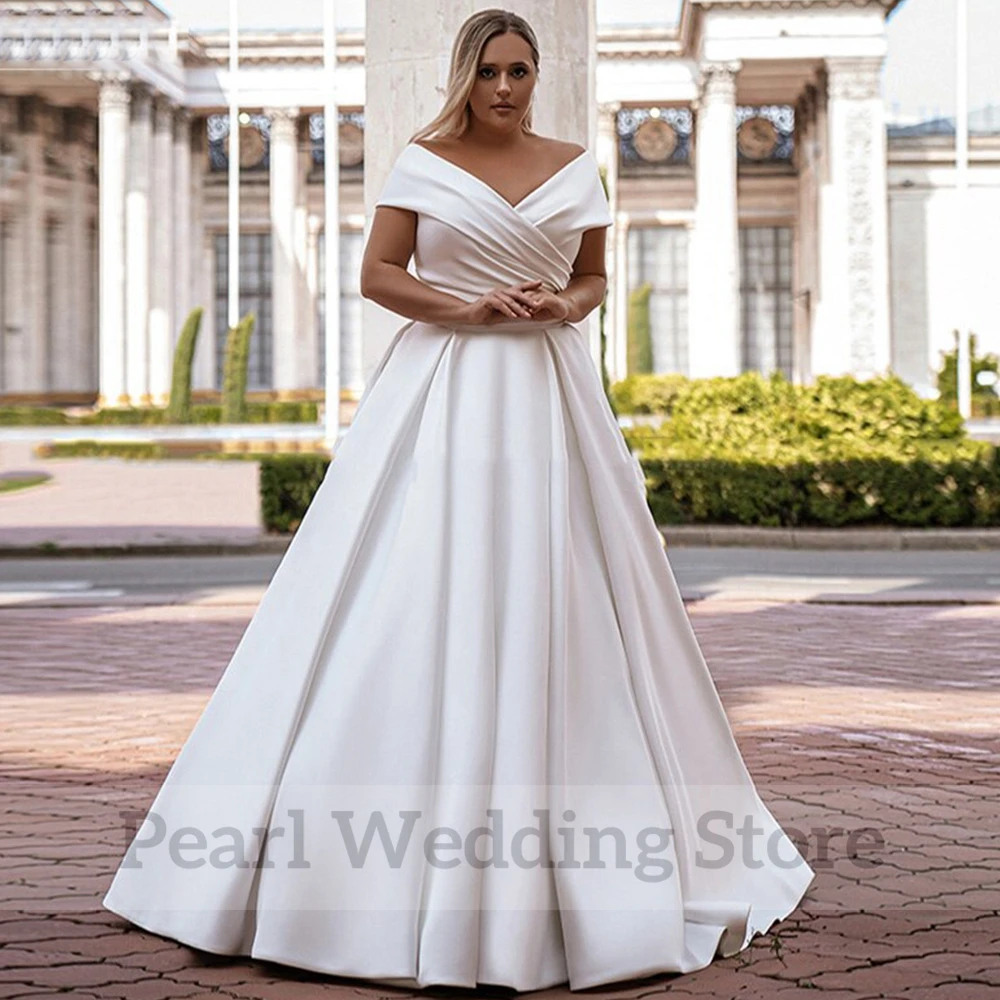 Vestido de casamento de cetim simples com decote em v fora do ombro mangas curtas plus size vestidos de noiva clássico a line chão vestidos de novia