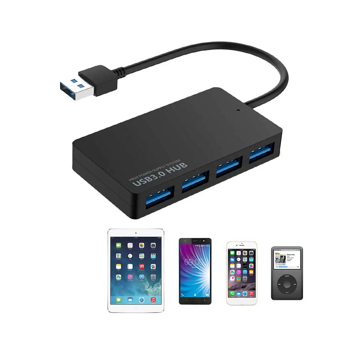 4 Port USB 3.0 Hub High Speed Data Expansion Hub for Laptop Desktop Tablet Plug and Play with LED Indicator Black