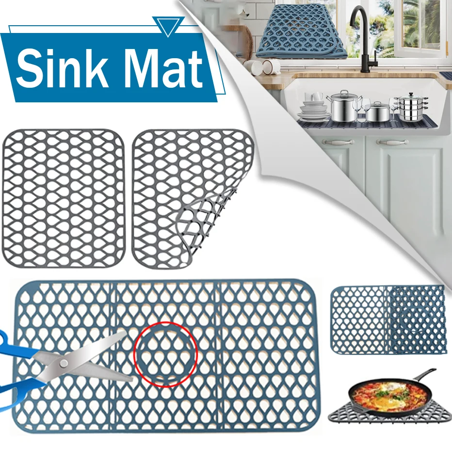 Kitchen Silicone Sink Protector Mat Foldable Non-Slip Sink Mat Quick Drying Dish Drain Pad Cutout Drain Sink Mat Kitchen Accesso