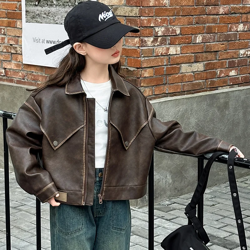 Short Leather Jacket Coat Grils Children Spring Autumn New Cool Casual Solid Fashionable Soft Comfortable Long Sleeves