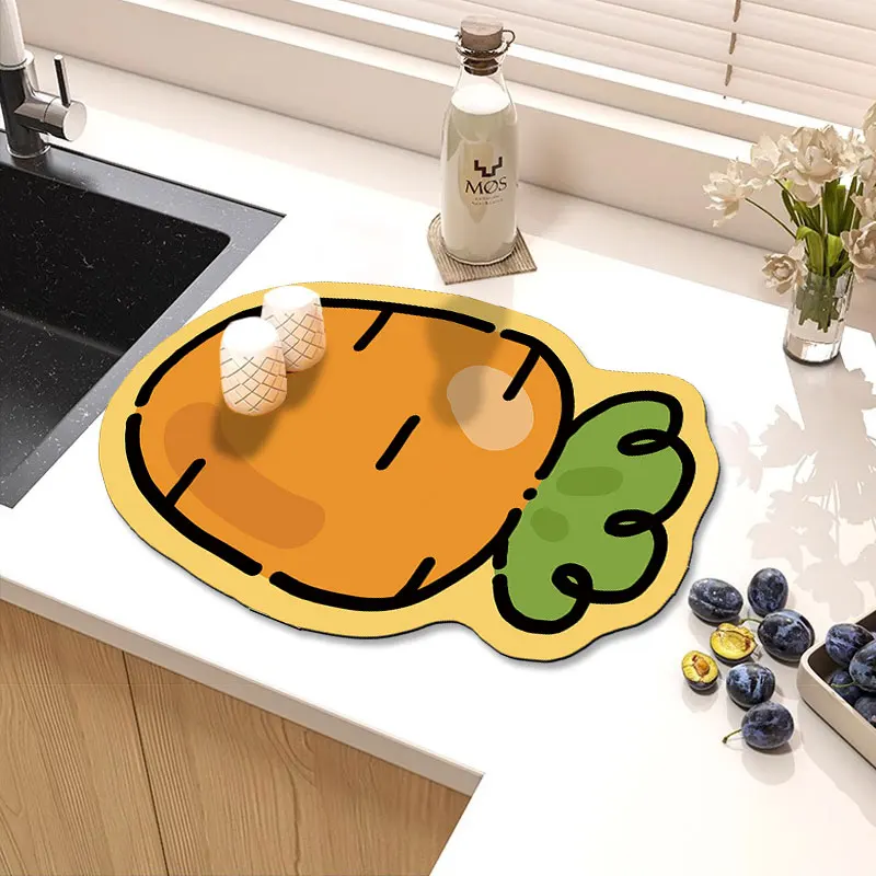 VIKAMA Cute Irregular Carrot Drying Mat Cartoon Fruit Print Non Slip Absorbent Pad For Kitchen Sink Coffee Counter Decor Rug