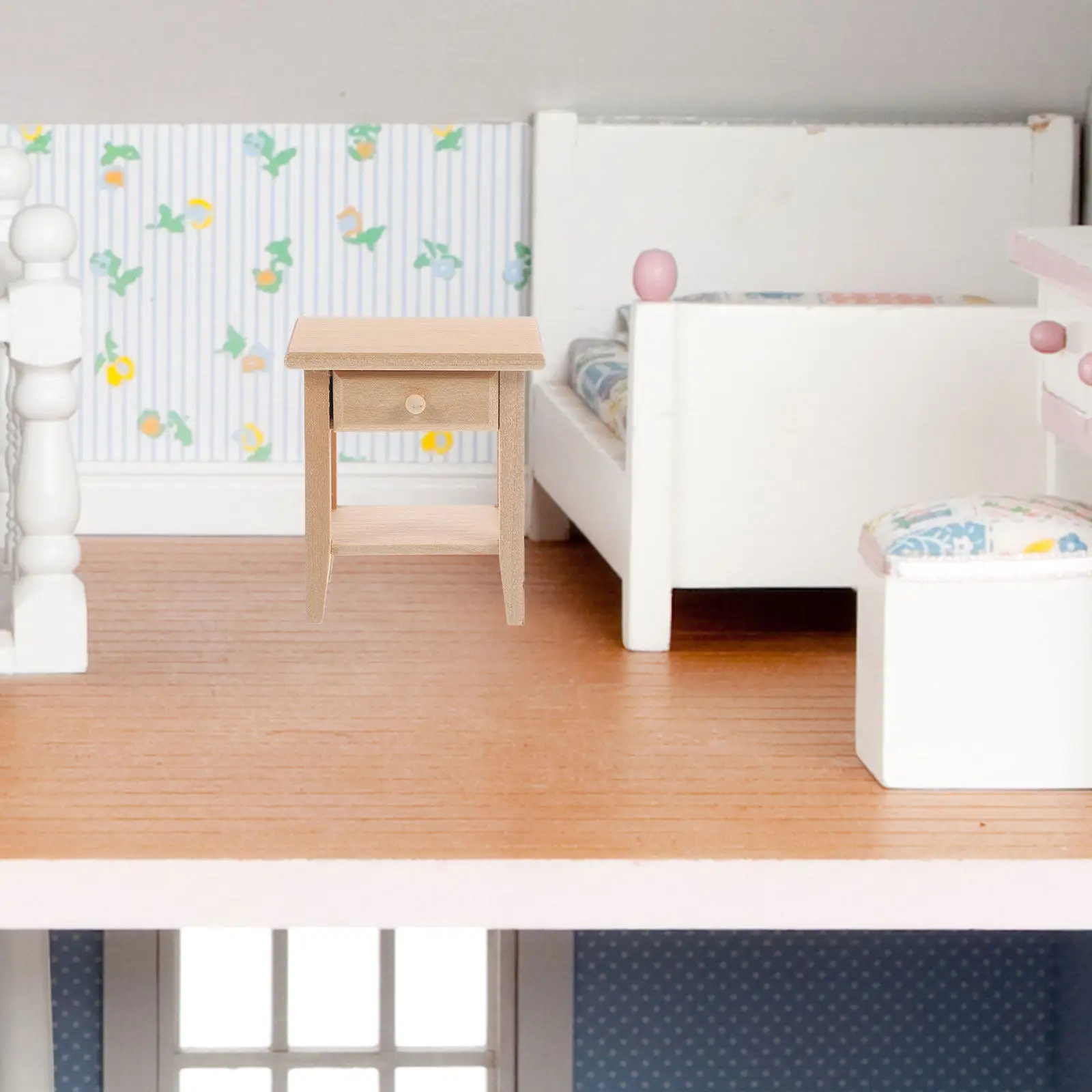 

Small Scale Nightstand for Dollhouse Rooms Mini Bedside Table with Drawer and Shelf Realistic Wood Grain Mini Furniture