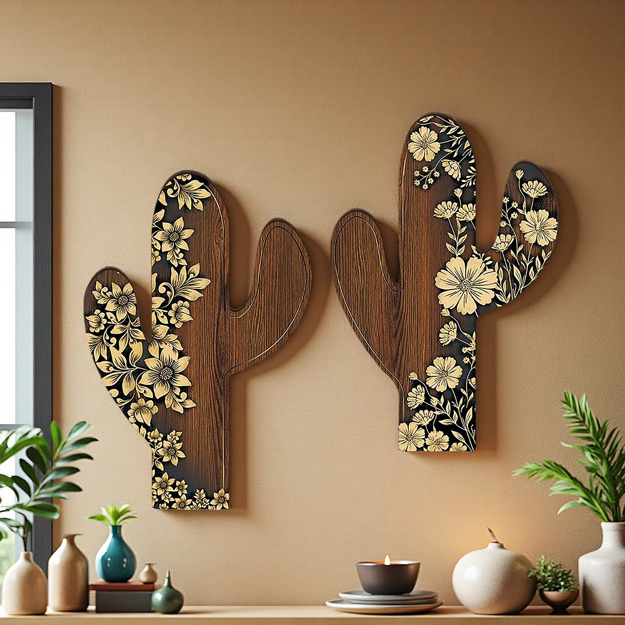 

Cactus Wooden Wall Decor Pendant Wooden Cactus Ornament with Retro Floral Patterns for Bedroom, Living Room and Rustic Decor