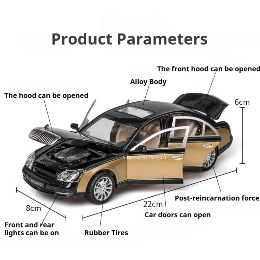 1:24 Scale 62S S600 Car Model Toy Doors Opened Sound Light Models Pull Back Rubber Tires Luxury Vehicle Bedroom Decorations