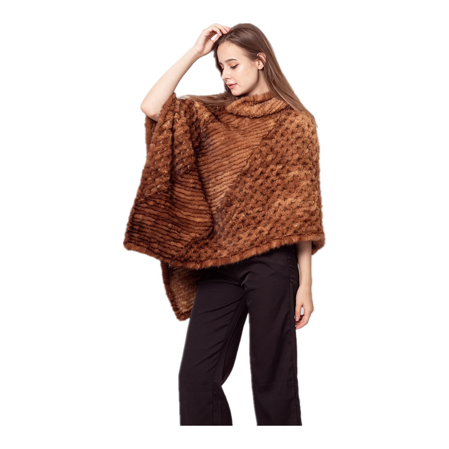 Knitted Mink Fur Pullover for Women, Scarves, Poncho, Brown, Black, B210719, 2023