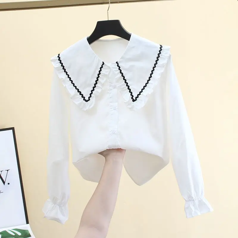 Korean Fashion Spring Autumn Long Sleeve Women Shirt Harajuku Constrast Color Pleated Turn Down Collar Blouse French Clothe