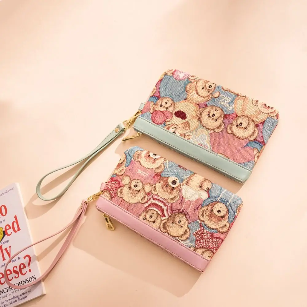 Bear Wallet For Female Male Letter Design Canvas Cartoon Coin Purse Contrasting Colors Mobile Phone Bag Women\'s Clutch Bag