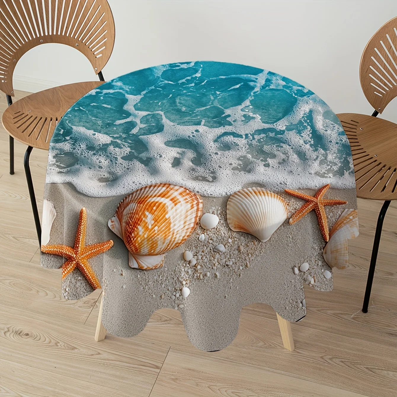 Ocean Beach Seashell Starfish Pattern Round Tablecloth 60 Inches Diameter for Home Kitchen and Outdoor Party Decoration