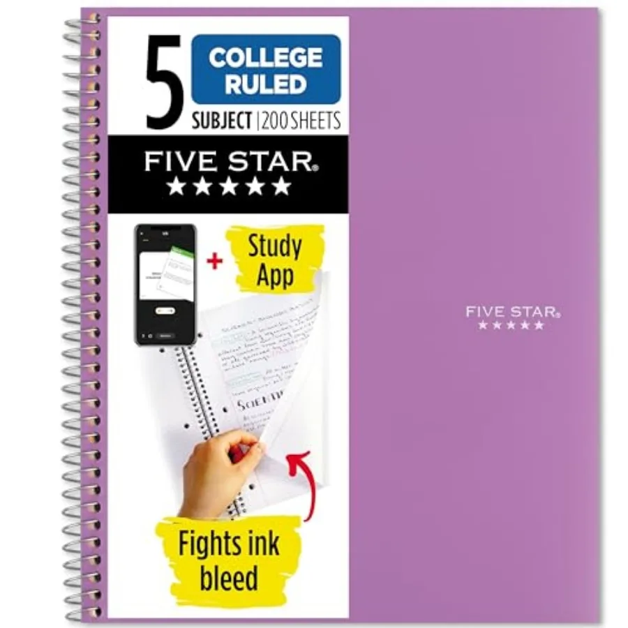 

Spiral Notebook + Study App, 5 Subject, College Ruled Paper, 8-1/2" x 11", 200 Sheets, Fights Ink Bleed, Water Resistant Cover,