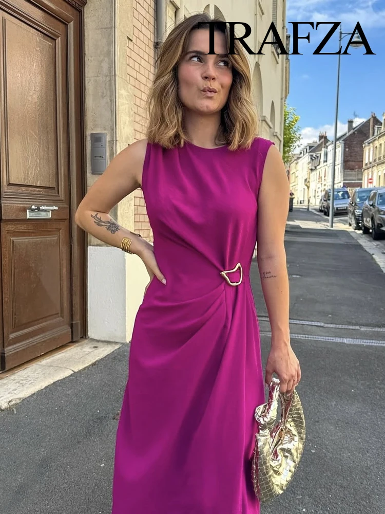 

HH Woman Fashion Sleeveless Sexy Hem Slit Rear Zipper Dress Women's Solid O-Collar Metal Buckle Decorate Midi Dress Mujer