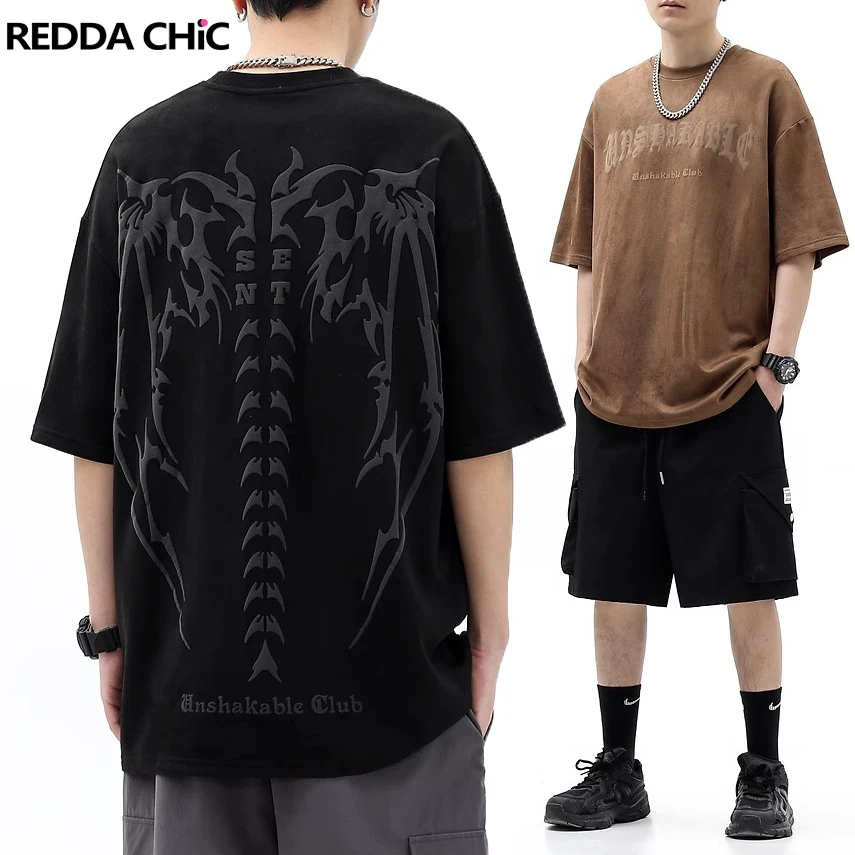 REDDACHIC Letter Stamp Short Sleeves T-shirt Men Vintage Wash Hiphop Oversize Casual Pullover Top Tee Summer Harajuku Streetwear