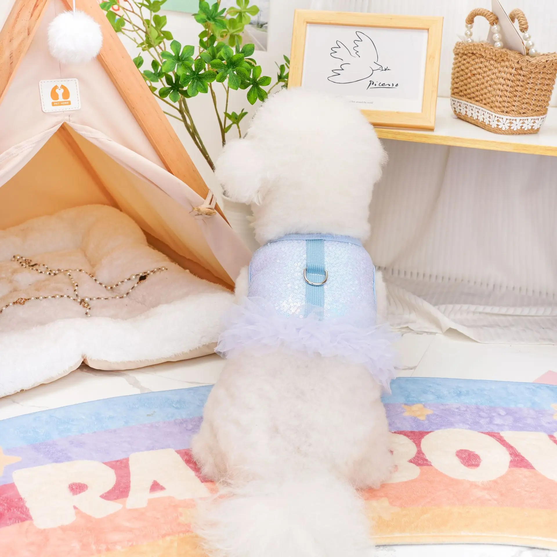 Pet Clothing Small Dog Cat Clothing Mermaid Sequins Fluffy Mesh Chest Back Clothing Teddy Bear Dog Harness and Leash for Walking