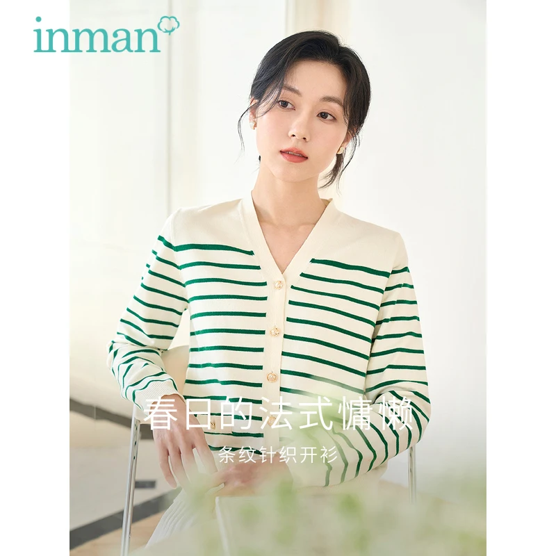 

INMAN Women Knitted Cardigan 2023 Spring Long Sleeve V Neck Stretch Fit Sweater Contrast Classic Stripes Casual Chic Tops