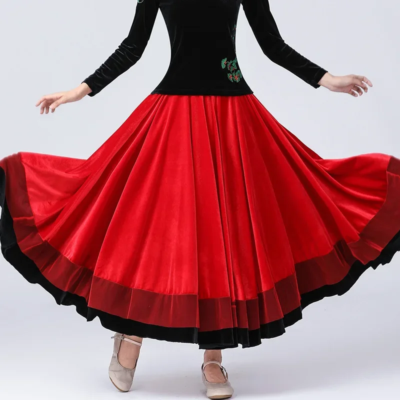 Women Velvet Flamenco Skirt Classical Spanish Bullfight Dance Costume European Stage Performance Clothing High Waist Dancewear