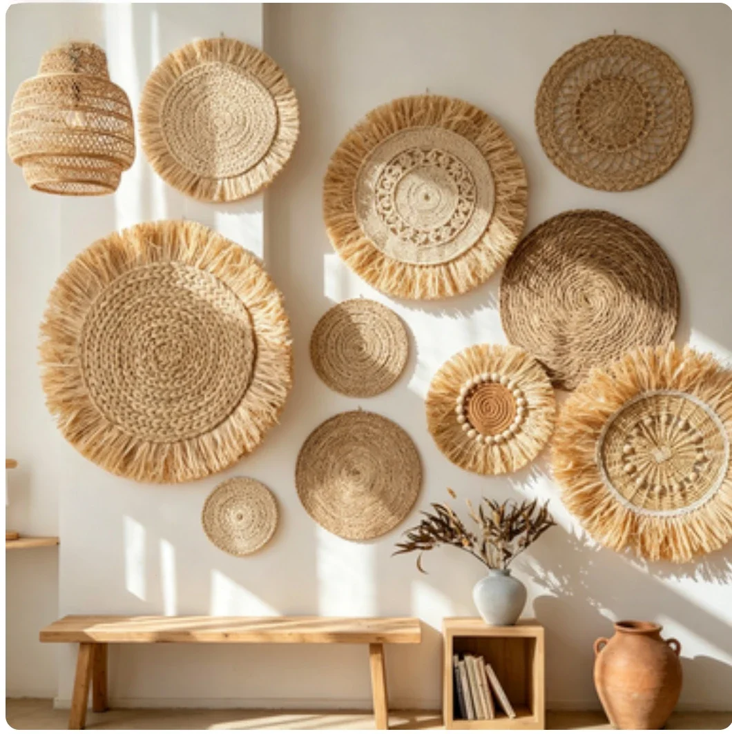 Handmade Natural Raffia Wall Decorations, Bohemian Woven Wall Decorations, Grass Woven Wall Decorations, Macrame Tapestries