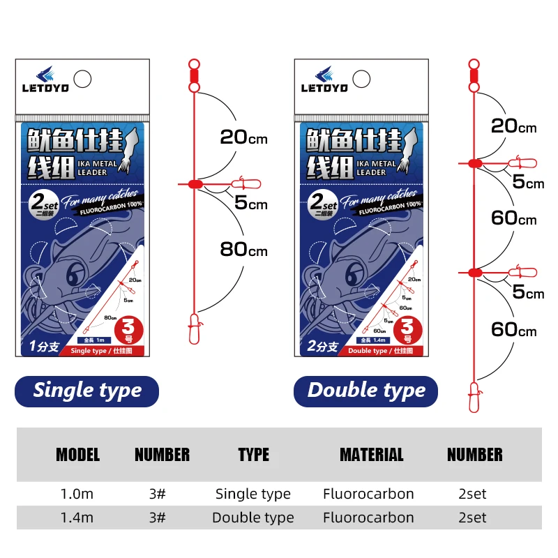 LETOYO, 2 juegos de sedal de carbono individual doble, 100cm/140cm, pesca de calamar, plomo de METAL IKA, plantilla de calamar, accesorios de pesca