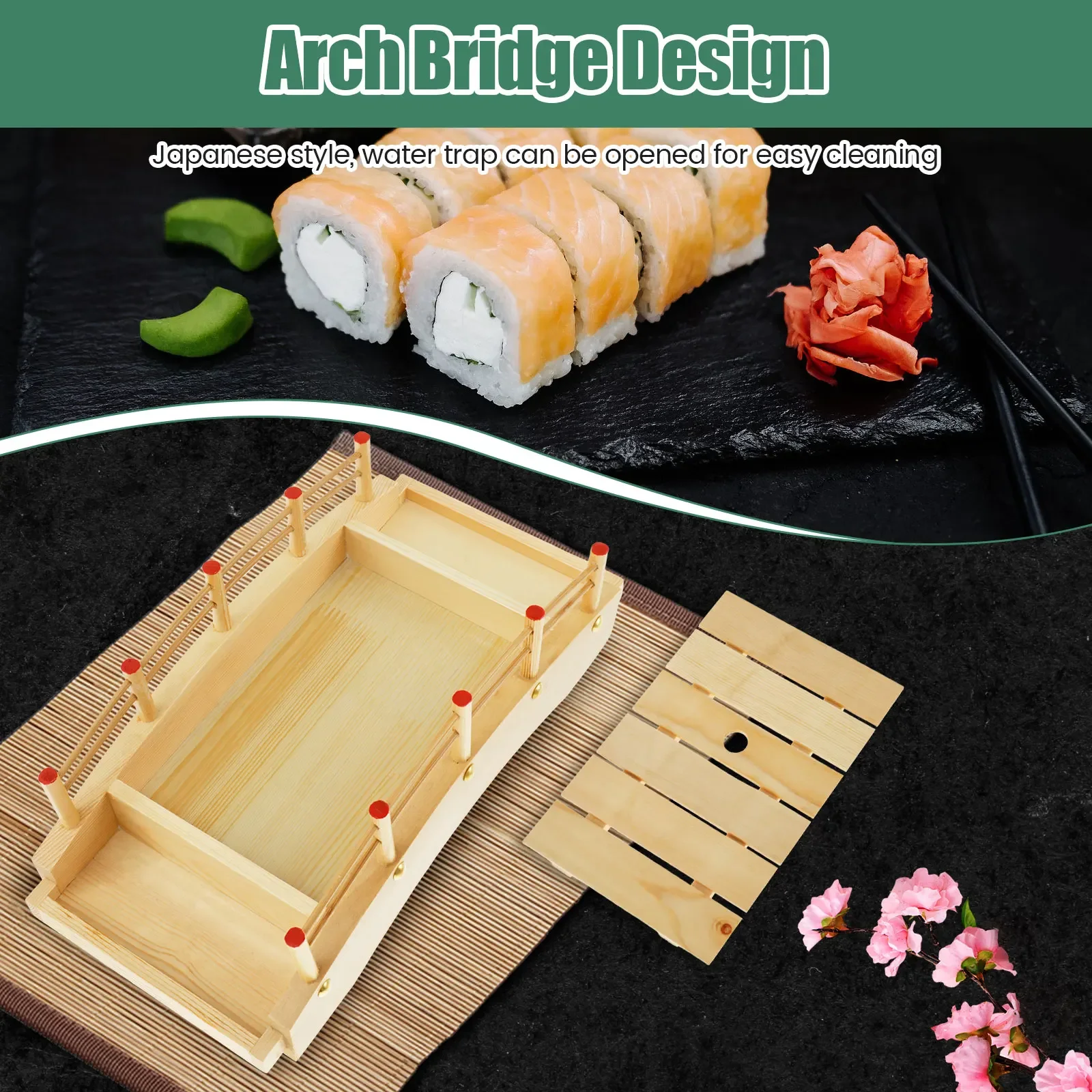 صينية تقديم السوشي، طبق تقديم جسر السوشي الخشبي، صينية السوشي على الطراز الياباني، طبق تقديم السوشي المزخرف للمطبخ المنزلي #4