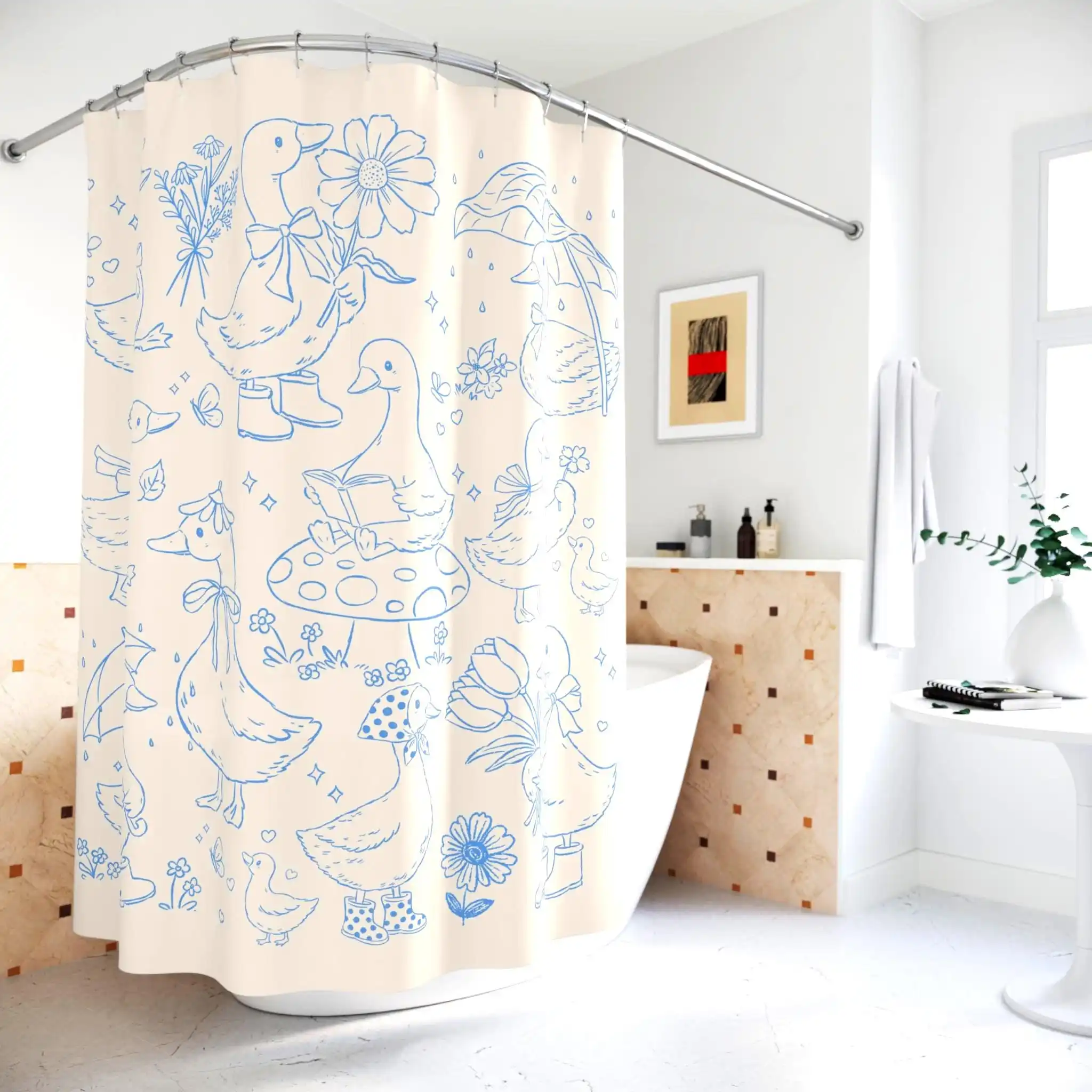 Cute Woodland Animals Shower Curtain Bathroom Decor Blue Line Art Forest Friends Shower Curtain