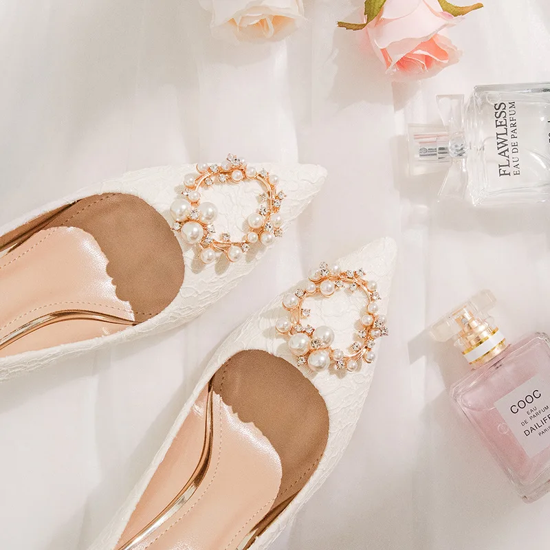 fashion sexy Women Pumps PU 6CM Thin high heels Pointed Toe Slip-On String Bead fashion Solid Party Wedding Shoes white