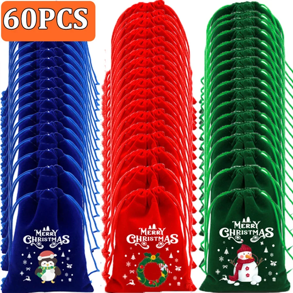 

60Pcs Red Christmas Velvet Bags Santa Snowman Candy Drawstring Pouch Wrapping Bag for New Year Party Decoration Storage Bag