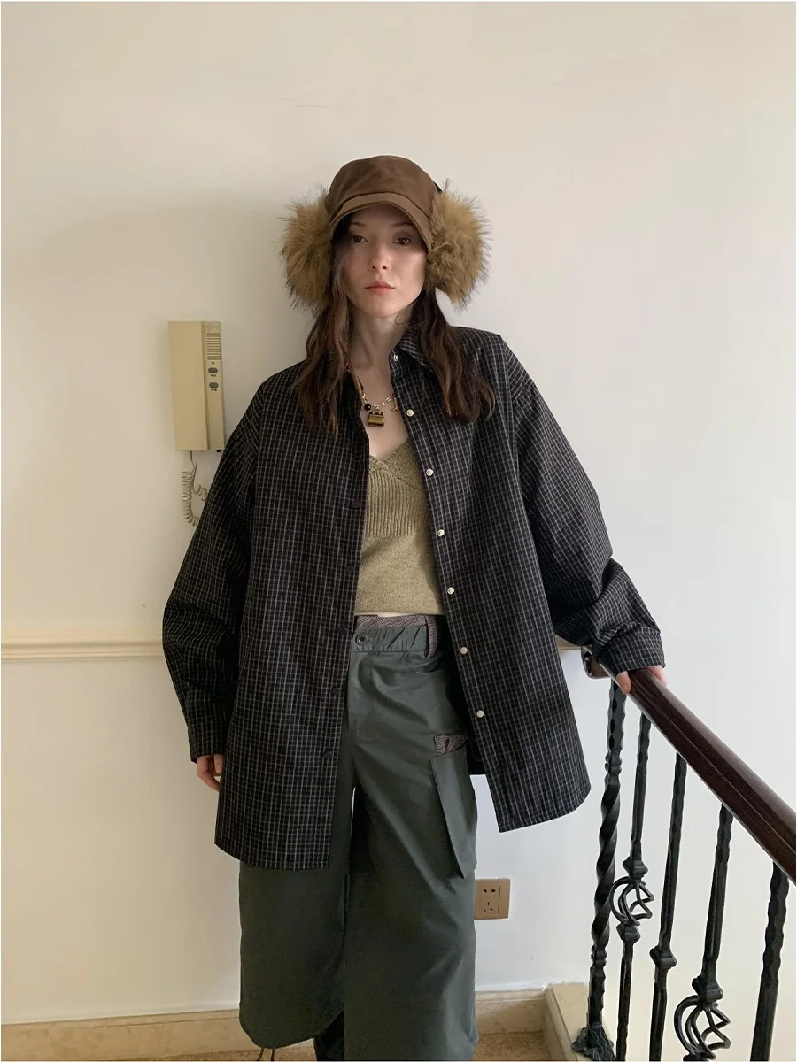 

DKZ Black Cotton Lined Long Sleeve Shirt Women's Loose Retro Plaid Shirt Jacket Autumn Winter New Style Warm Thickened Girl's...