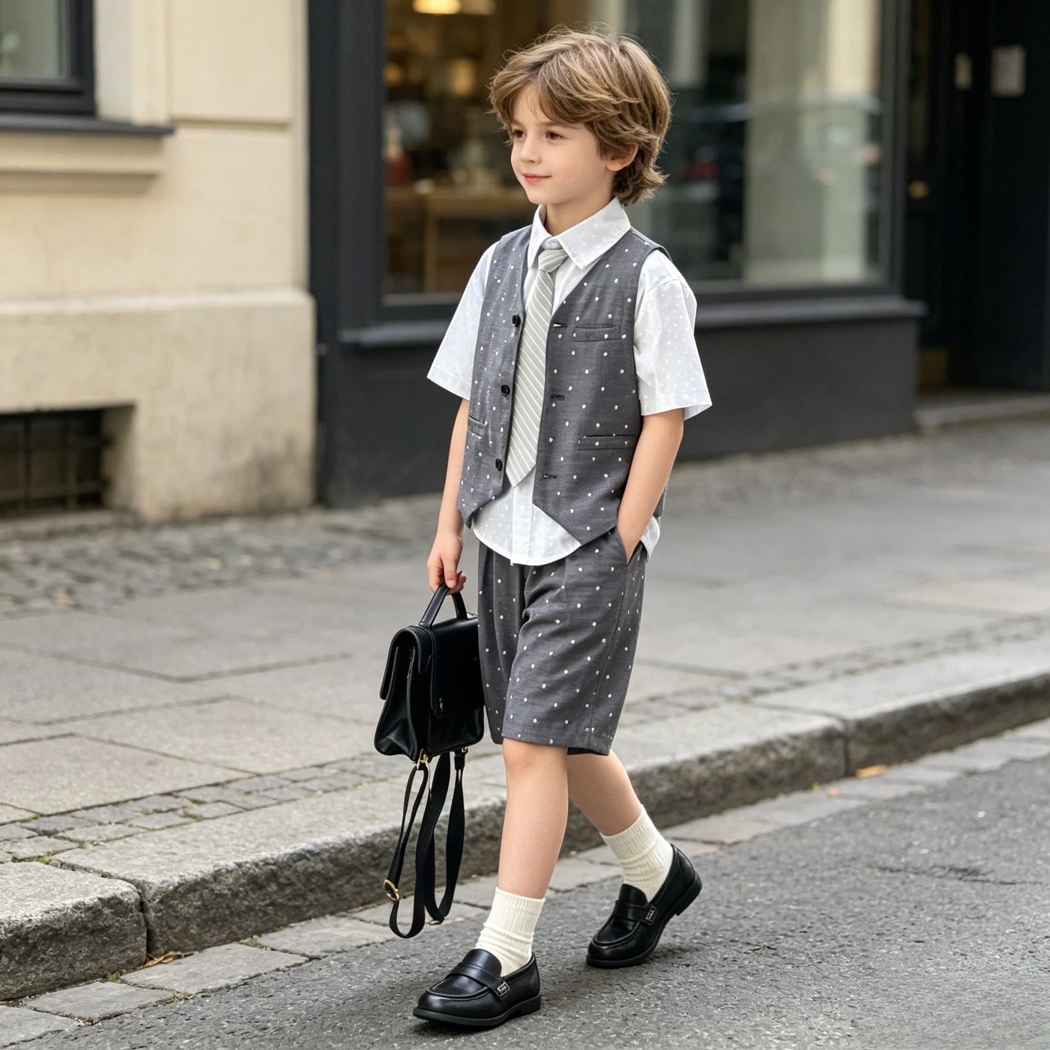 Kids Boys Summer Gentleman Suit Polka Dot Vest Shirt Shorts Set Birthday Party Photo Shoot Family Gathering Formal Casual Wear