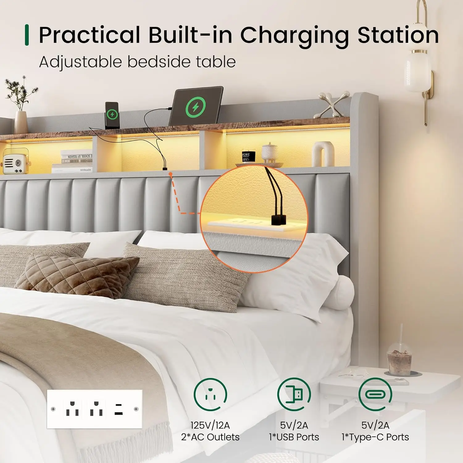 King Bed Frame with Headboard 4 Drawers Adjustable Desk Charging Station Easy Assembly No Box Spring, Customized view 6