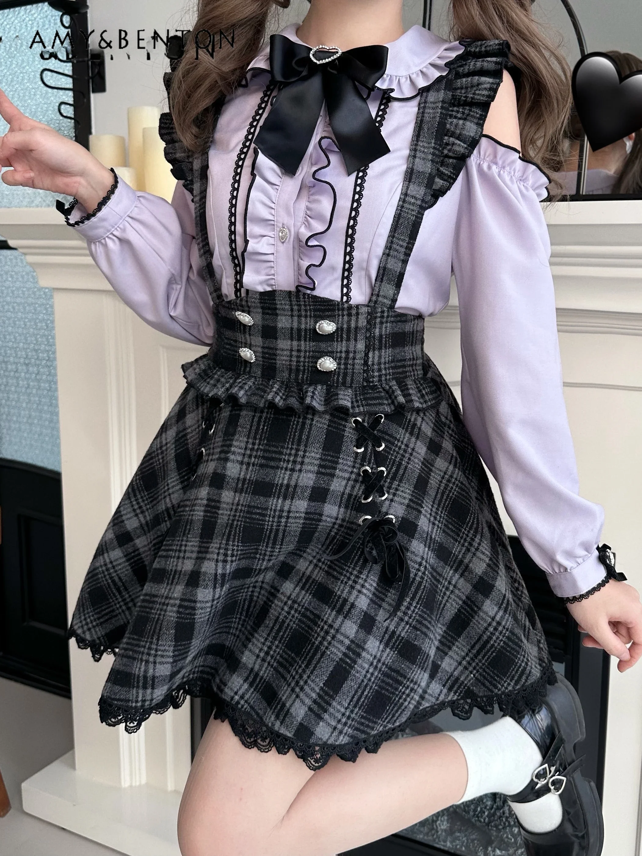 Japanese Sweet Off-the-Shoulder Bow Doll Collar Shirts Slim Fit Woolen Plaid Skirt Sets Mine Kawaii Two-Piece Sets Autumn New