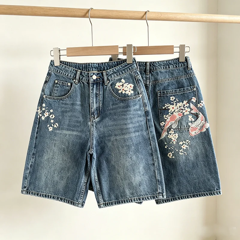 New Arrival DERSCHUTZE Streetwear Knee Length Bottoms Men Traditional Koi Plum Embroidery Front & Back Pocket Light Blue Shorts