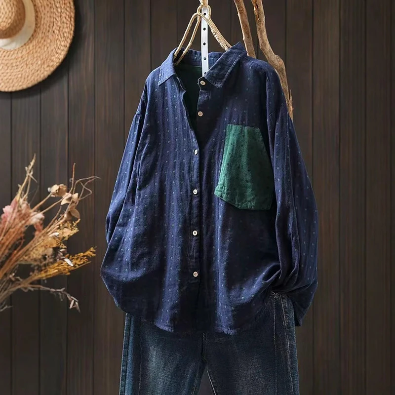 

100% хлопок, женская повседневная рубашка с длинным рукавом, Новое поступление, осень 2023, винтажный стиль, свободные женские топы в горошек, рубашки T747